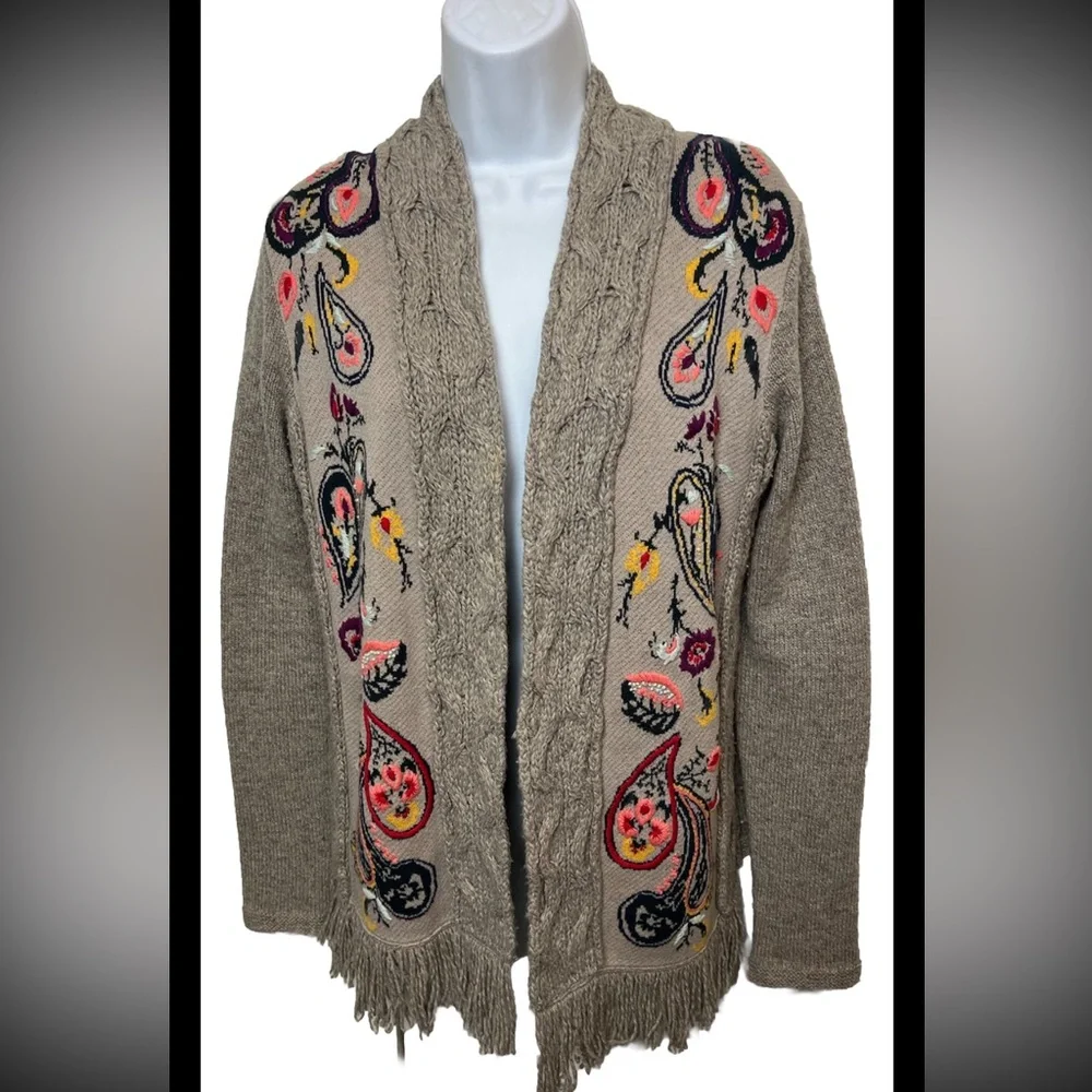 Anthropologie SLEEPING ON SNOW Folklore Cardigan Sweater Embroidered Fringe Boho